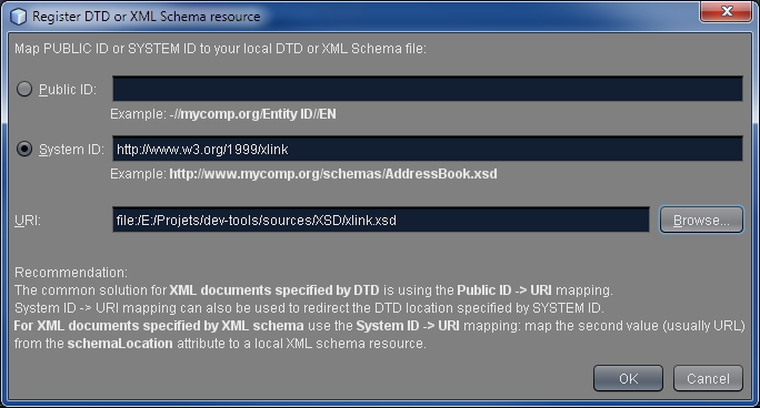 Cochez 'System ID' et entrez le namespace, puis sélectionnez la XSD dans le champ 'File'