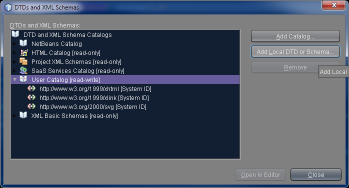 Sélectionnez 'User Catalog' puis cliquez 'Add local DTD/Schema'