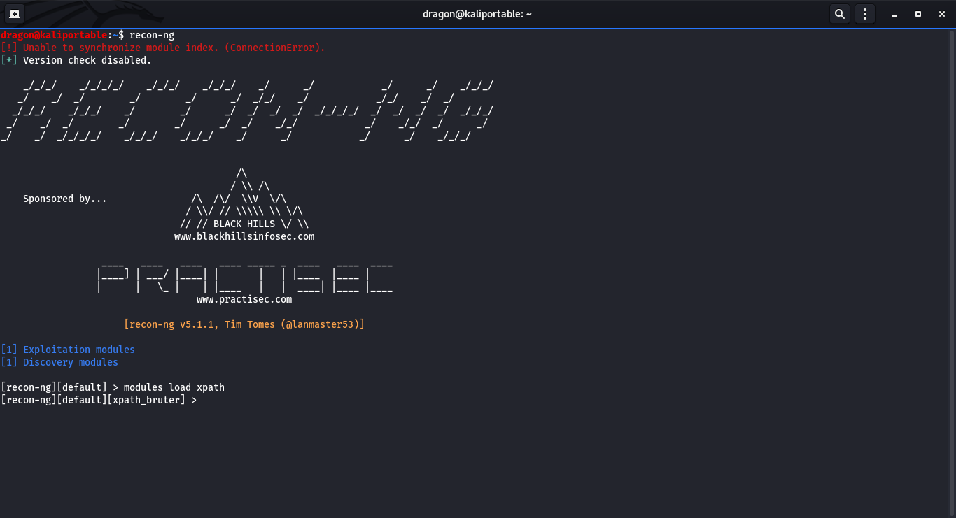 Command line showing recon-ng loading the module