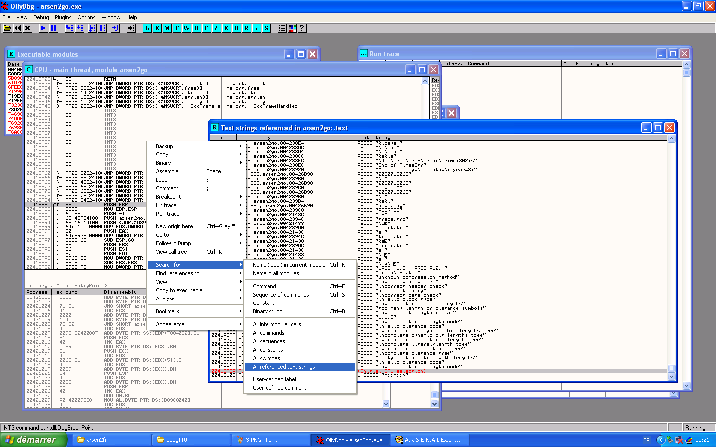 Ollydbg menu to search for strings in the assembly code