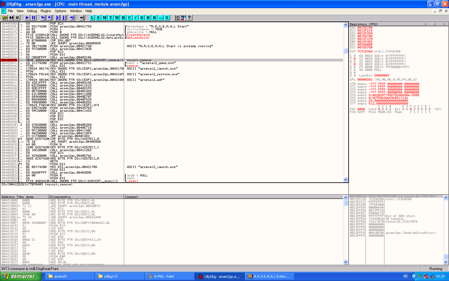 View of ollydbg and the assembly code of the file deletion