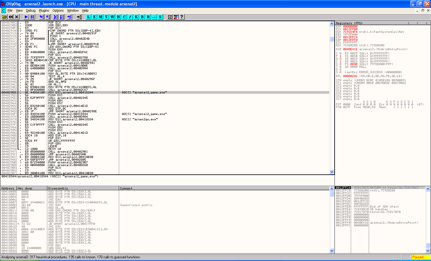 Ollydbg assembly view of the arsenal2_launch.exe on-the-fly file