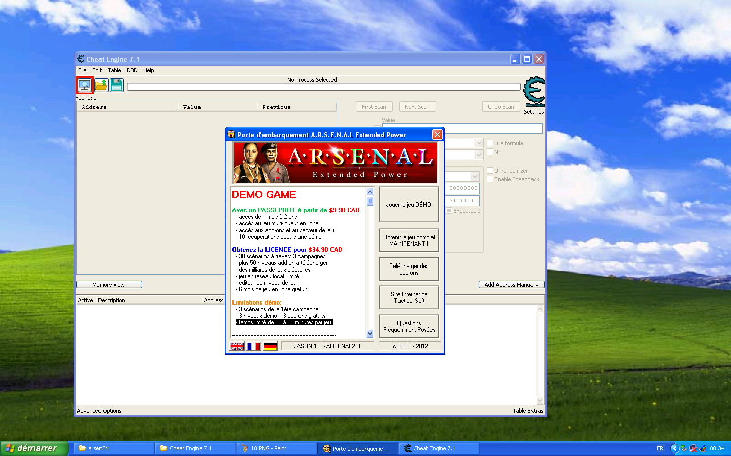 Cheat engine window, and the welcome screen window