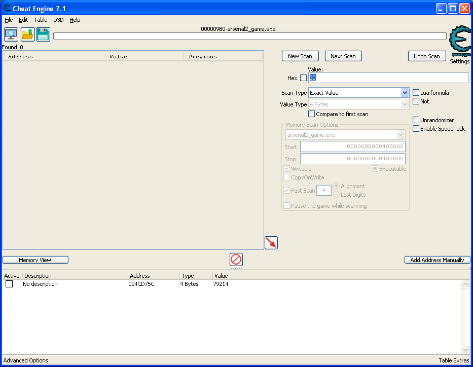 Cheat engine new scan results for value 30, showing no hit