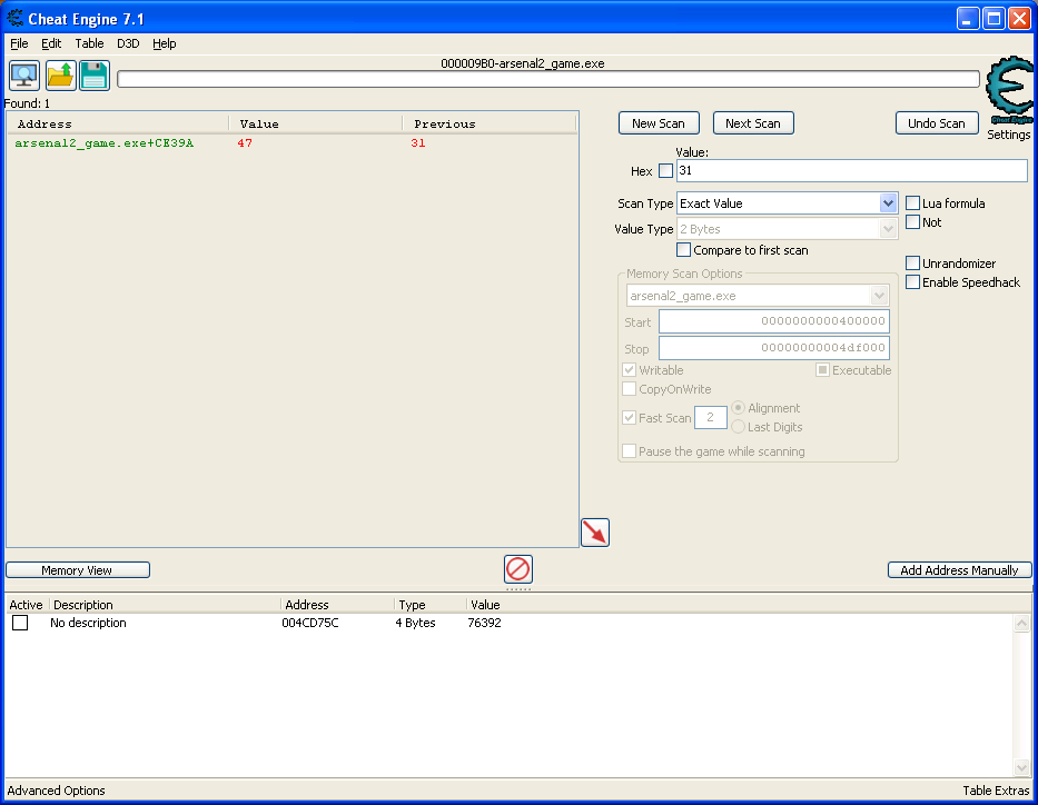 Cheat engine view showing that current memory value at 0x4ce39a is 47