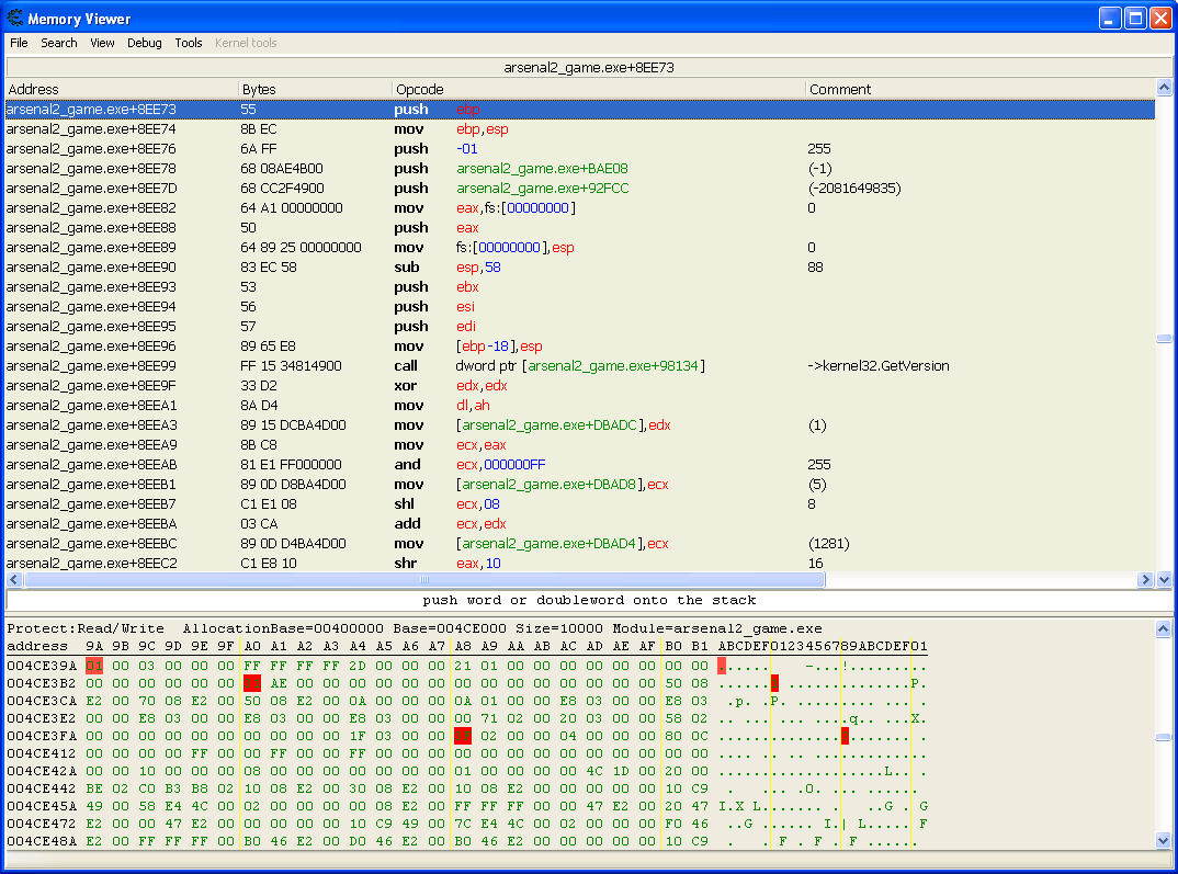 Cheat engine view showing the memory region, which real time changes highlighted in red