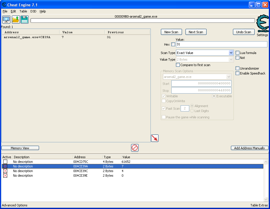 Cheat engine view showing the three added addresses in the memory table