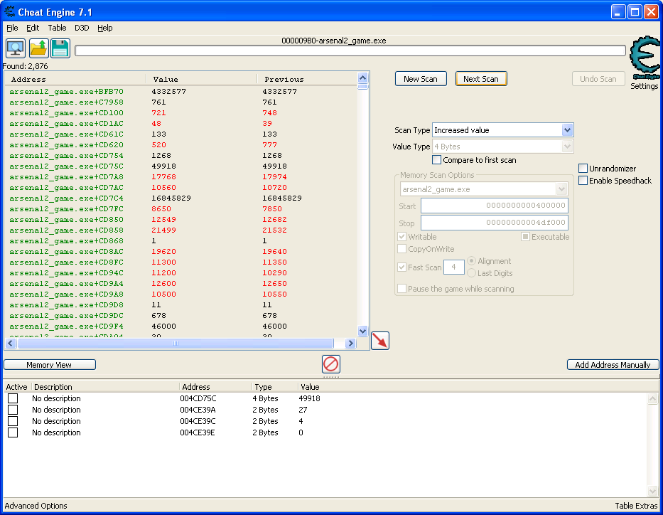 Cheat engine view showing the search results for incremented values