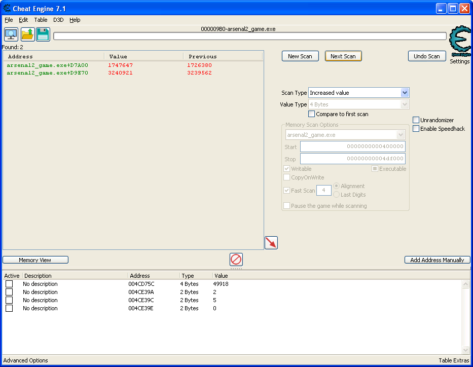 Cheat engine view showing the search results (two) for incremented values