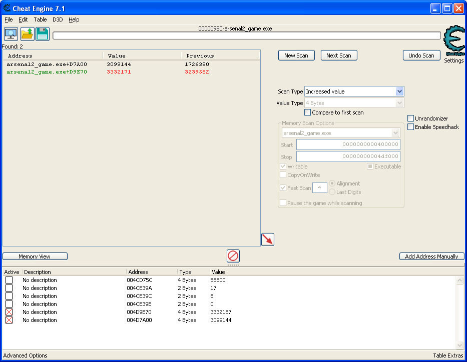 Cheat engine view showing the addresses table with frozen values