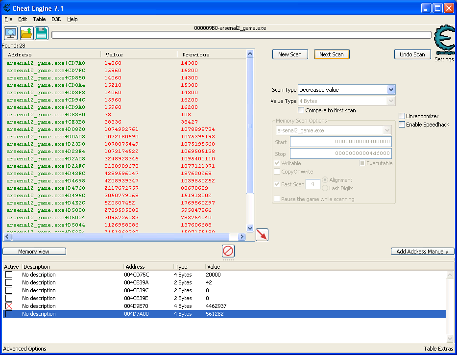 Cheat Engine view, showing 28 values that are decreasing