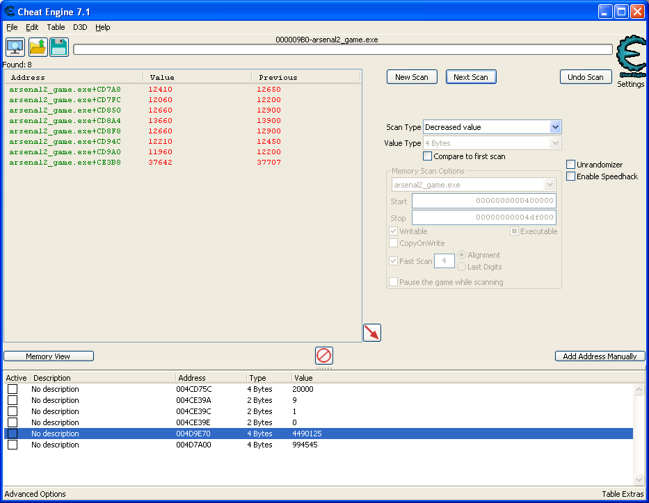 Cheat Engine view, showing 8 values that are decreasing