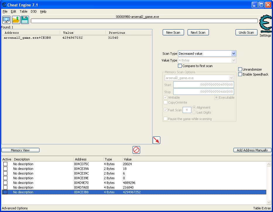 Cheat Engine view, showing the address 0x4ce3b8 value is now 4294967252