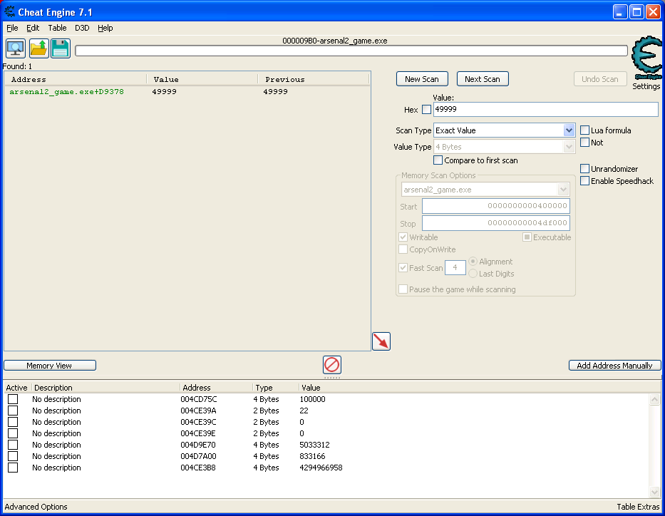 Cheat Engine view, searching for 49999 32 bits int value