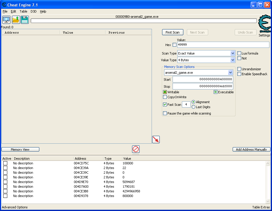 Cheat Engine view, showing the scan for writable and non writable memory value of 49999