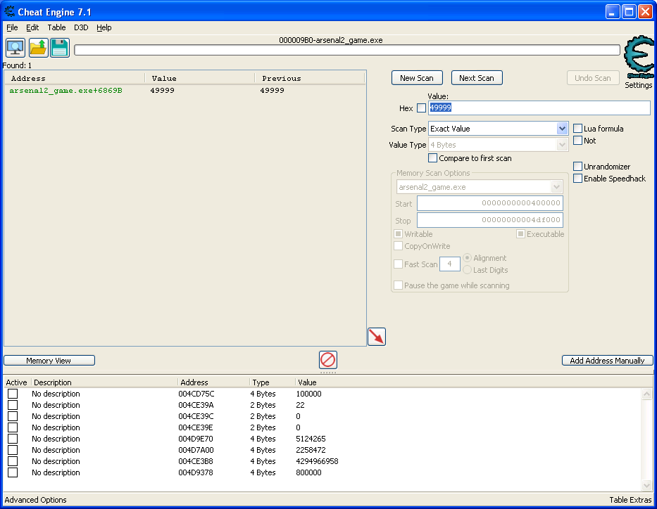 Cheat Engine view, showing the scan for writable and non writable memory value of 49999 without fast scan