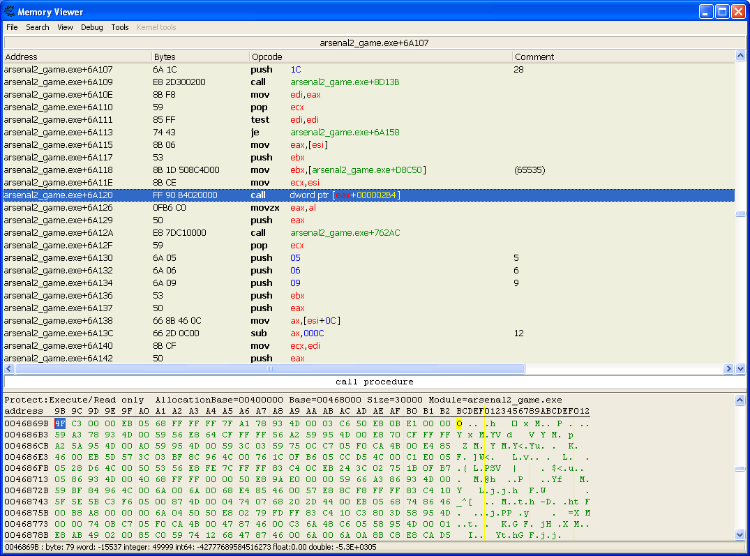 Cheat Engine view of the memory nearby 0x46869b address