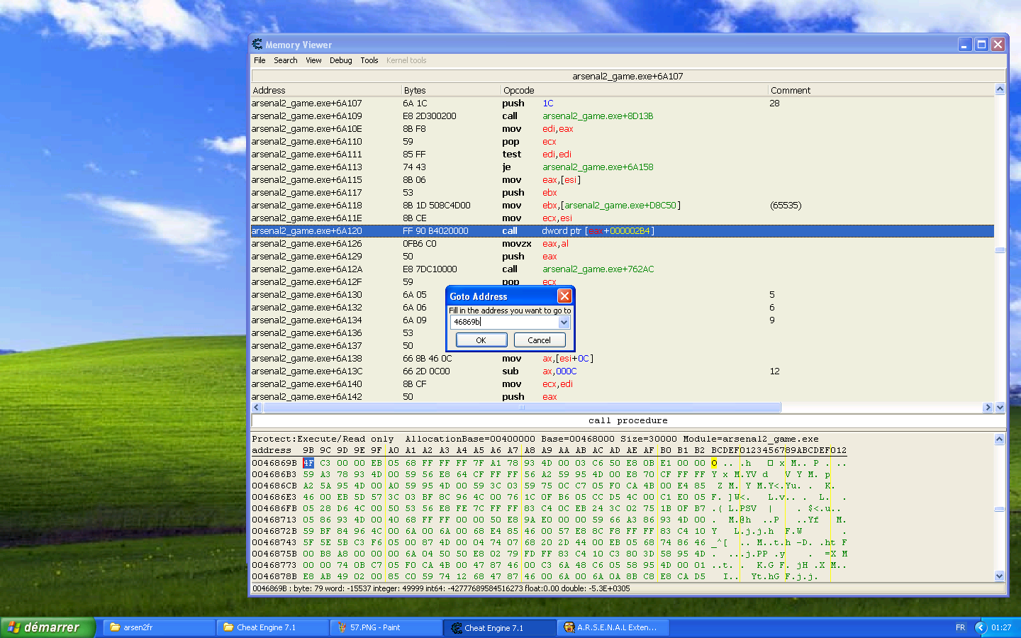 Cheat Engine view of the 'go to address' in the assembly code window