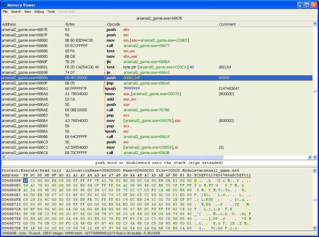 Cheat Engine view of the assembly code nearby address 0x46869b