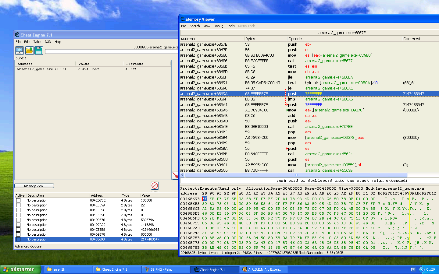 Cheat Engine view of the table addresses, the assembly code and the memory view