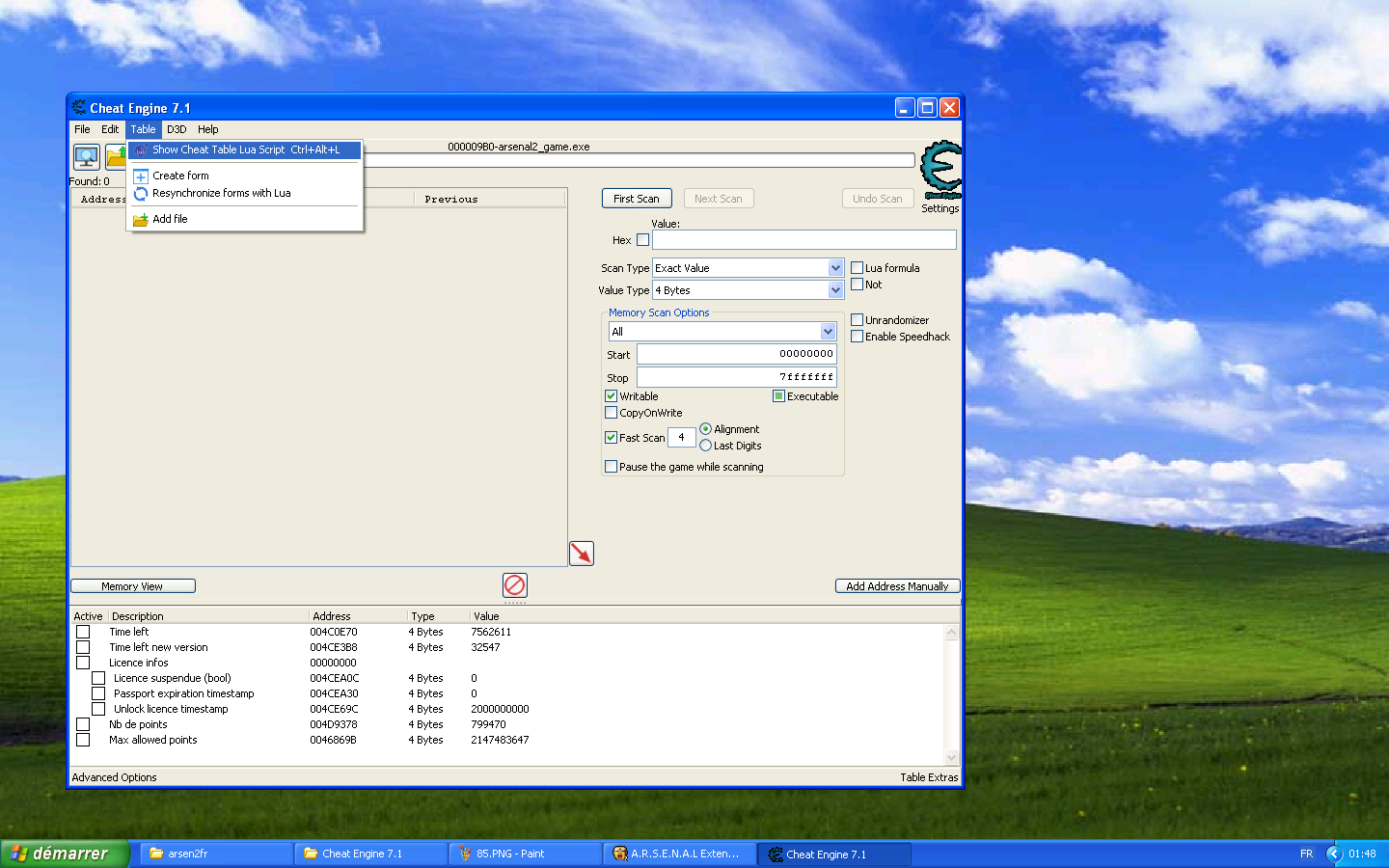 Cheat Engine view showing where the 'LUA Script' menu is