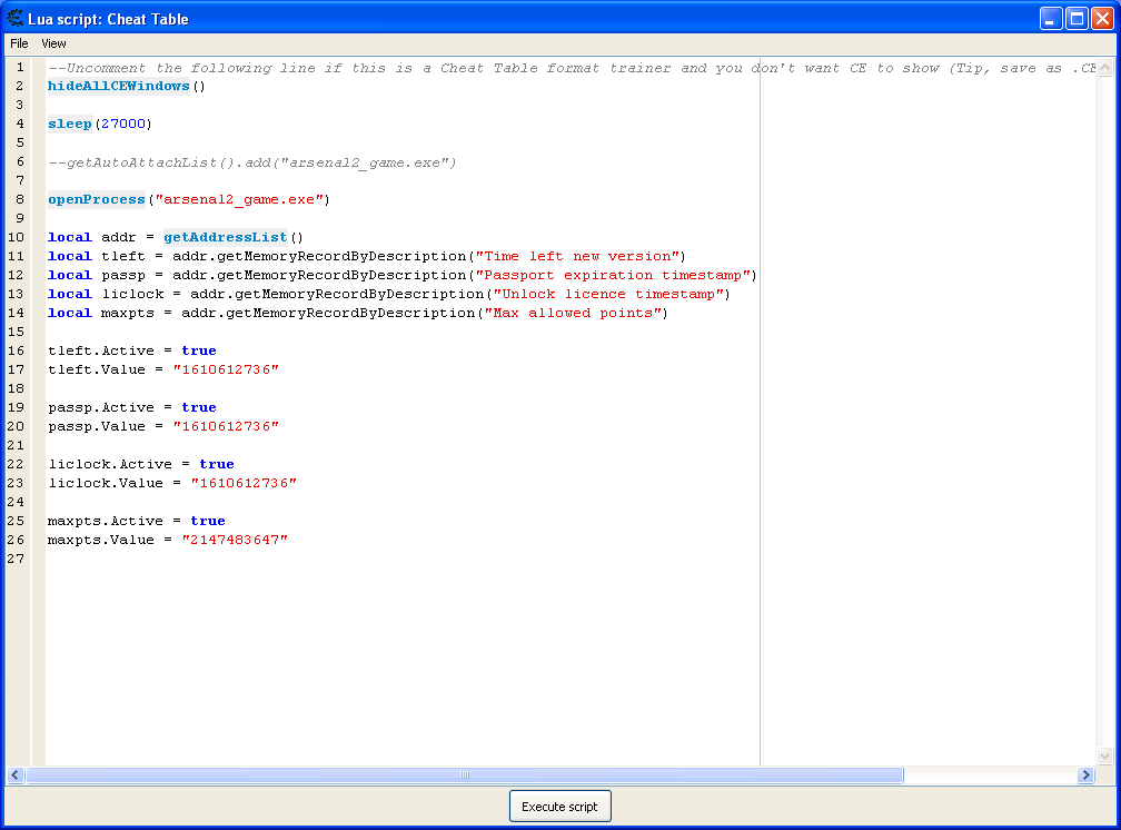 Cheat Engine view showing my LUA script
