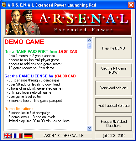 ARSENAL 2 welcome screen with a play the demo button