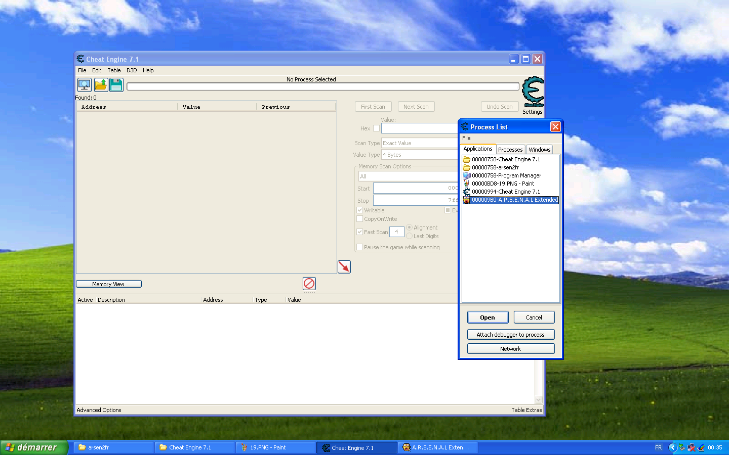 Cheat engine window showing the process selection