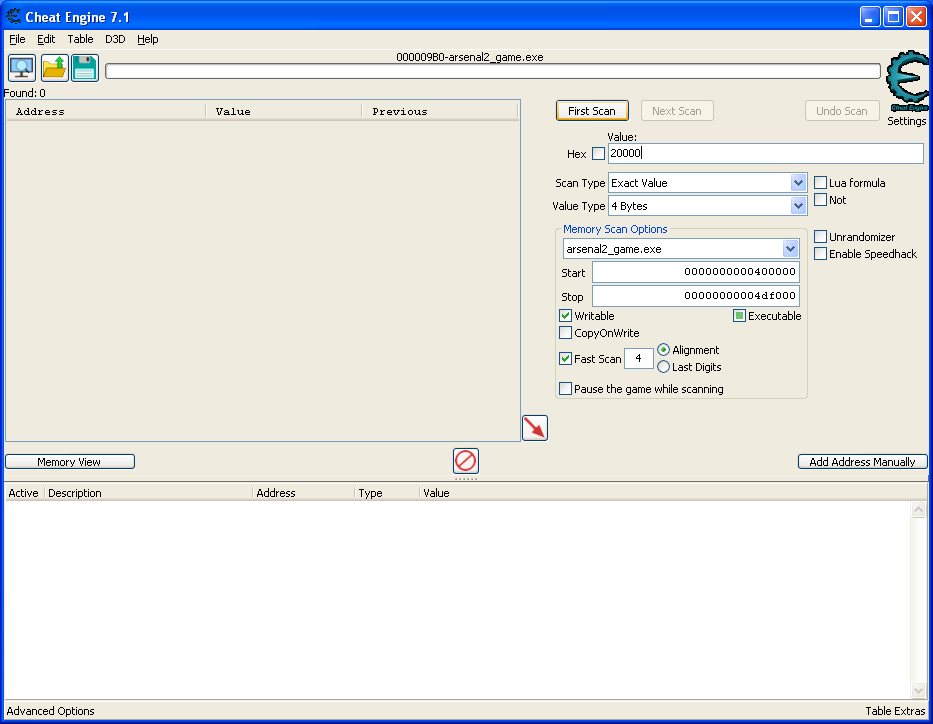 Cheat engine window and the search form to look for specific memory values