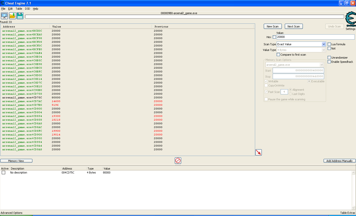 Cheat Engine view, where the value of the memory address was changed to 80000